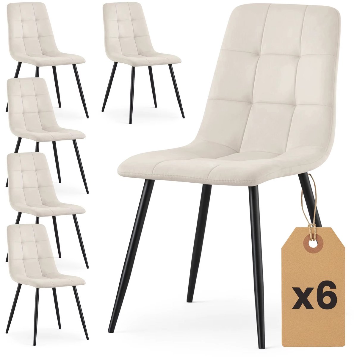 Set van 6 Velours Eetkamerstoelen – Gestoffeerde Stoelen met Gewatteerde Zitting – Moderne Eetkamerstoelen met Zwarte Poten – Comfortabele Stoelenset voor Eetkamer & Woonkamer - Beige