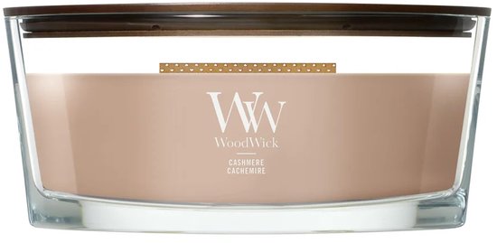 WoodWick Ellipse kaars met een bruine deksel en een beige was, met een decoratieve gouden strip.