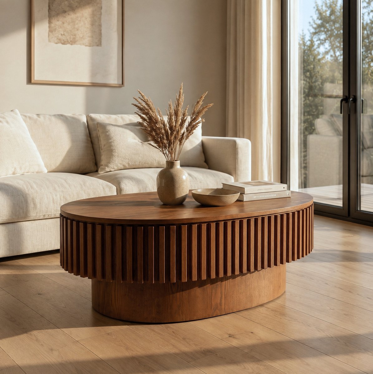 COVREO Salontafel 98 x 60 x 35 cm walnoot MDF houtfineer - ovaal - verborgen opbergruimte - modern Walnut