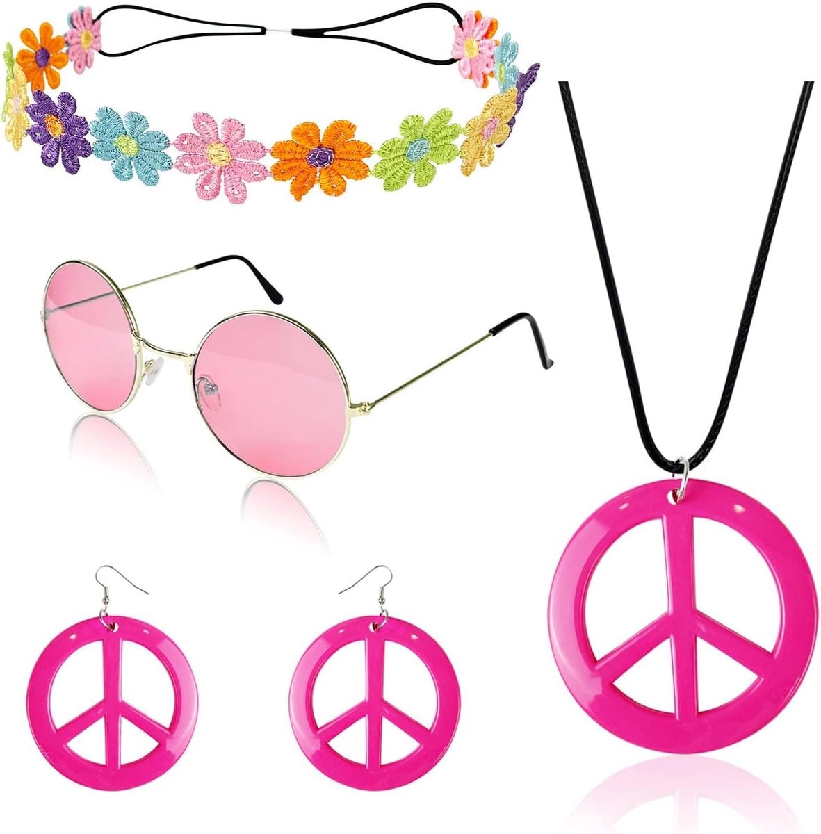 Retro Hippie Kostuum Accessoireset voor Dames met Vintage Zonnebril, Kleurrijke Band en Vredesteken Ketting voor Carnaval en Feestjes