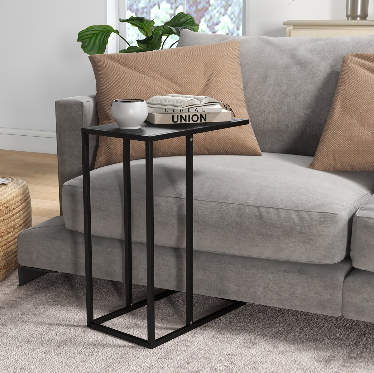 OKWISH Bijzettafel C Vorm - Modern Minimalistisch - Voor Sofa Bed En Laptop - Stalen Frame Zwart - Compact 46x26x60 Cm
