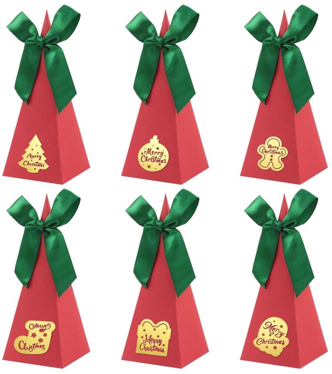 Elzusha - Set van 6 Driehoekige Kerstsnoepdozen met Lint en Tags