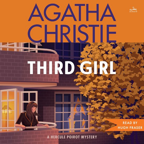 Agatha Christie's Third Girl, een Hercule Poirot mysterie, met een vrouw op een balkon bij een gebouw.