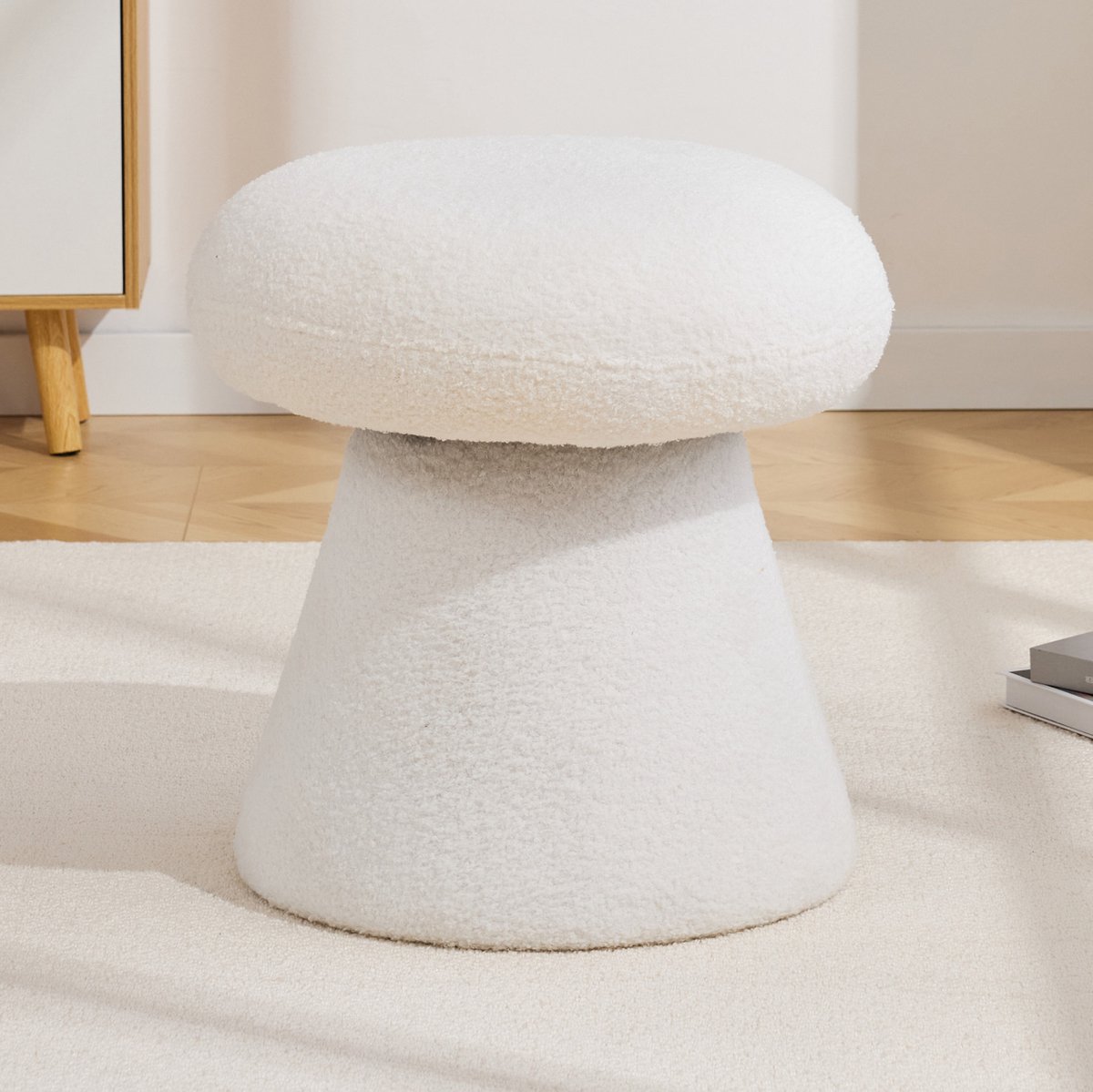 COVREO Hocker 41x41x44 cm wit pluche stof - draaibaar 360 graden - paddestoelvorm