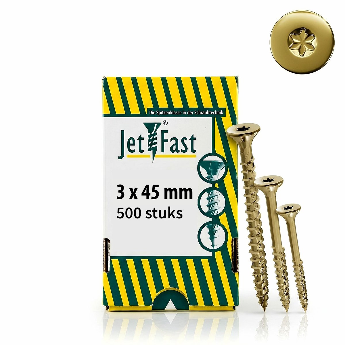 Jet-Fast Houtschroeven 3 x 45 mm Geel Verzinkt TX10 - Universele Torx Schroeven met Voldraad - 500 Stuks