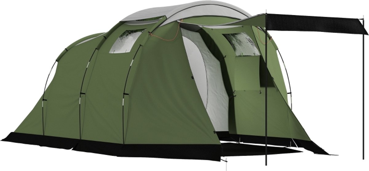 Kampeertent 4 personen 460 x 260 x 190 cm groen polyester, familietent, ontwerp met twee ruimtes, voorportiek, met gaasraam, inclusief opbergzak, geschikt voor kamperen, buiten en familiereizen
