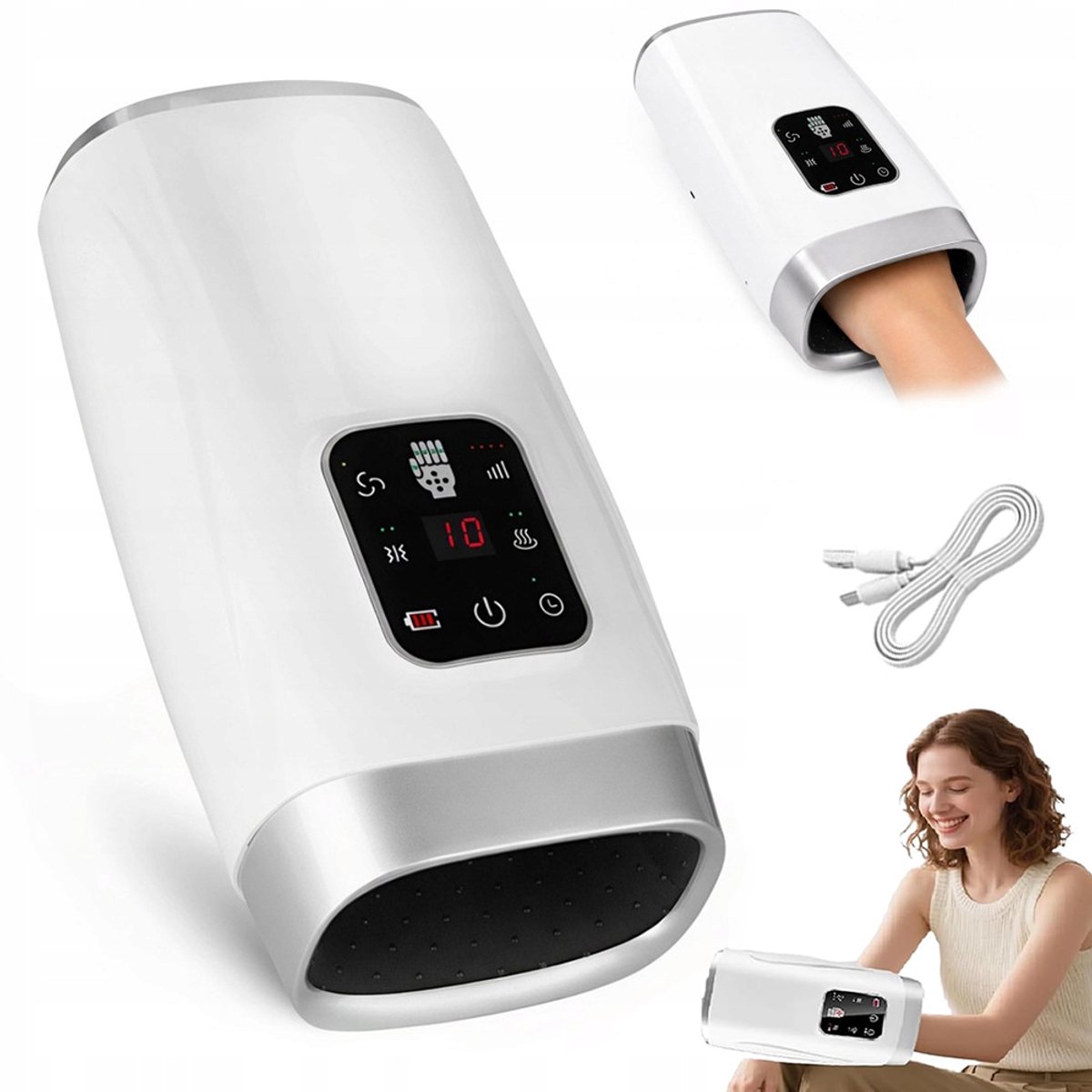 Handmassageapparaat – Slim elektrisch massageapparaat – Warmtetherapiemassageapparaat – Handpalmmassageapparaat – Met warmtetherapiefunctie – Geschikt voor vingers en handpalmen – Multifunctioneel – 2200 mAh batterijcapaciteit – 30 x 15 x 13 cm – Wit
