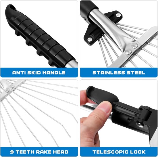 Telescopische bladhark - Bladbezem - Verstelbare tuin bladhark - Gazonhark - Openklapbare draadhark - Metalen tuinhark - 9 strengs draad - Voor gazons, tuinen, bloemperken (53,5*12 cm - Zwart) — afbeelding 3