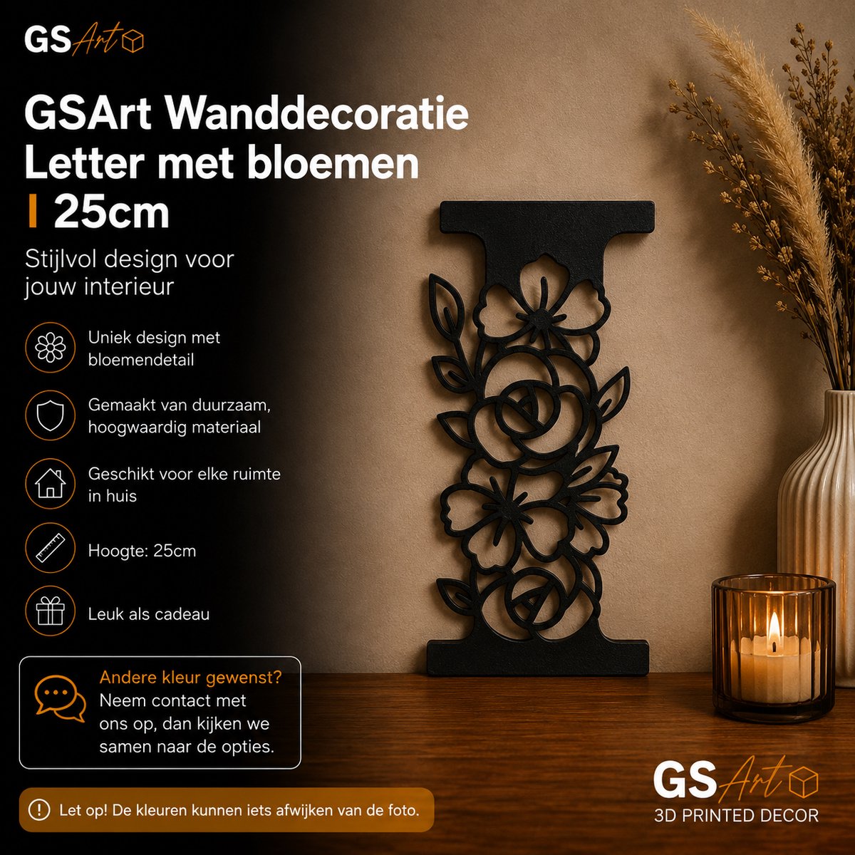 GSArt Wanddecoratie Letter met Bloemen – 25 cm - I