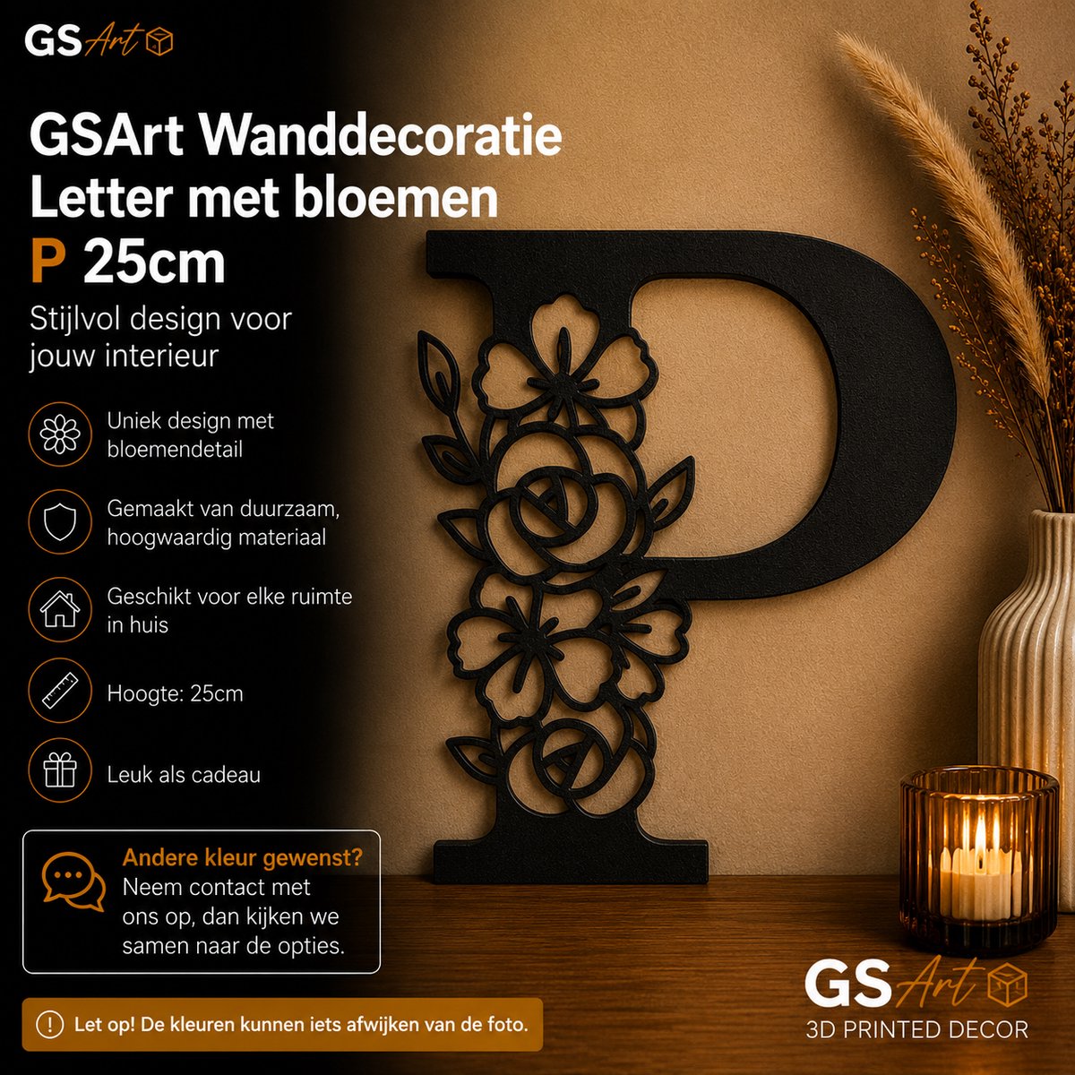 GSArt Wanddecoratie Letter met Bloemen – 25 cm - P