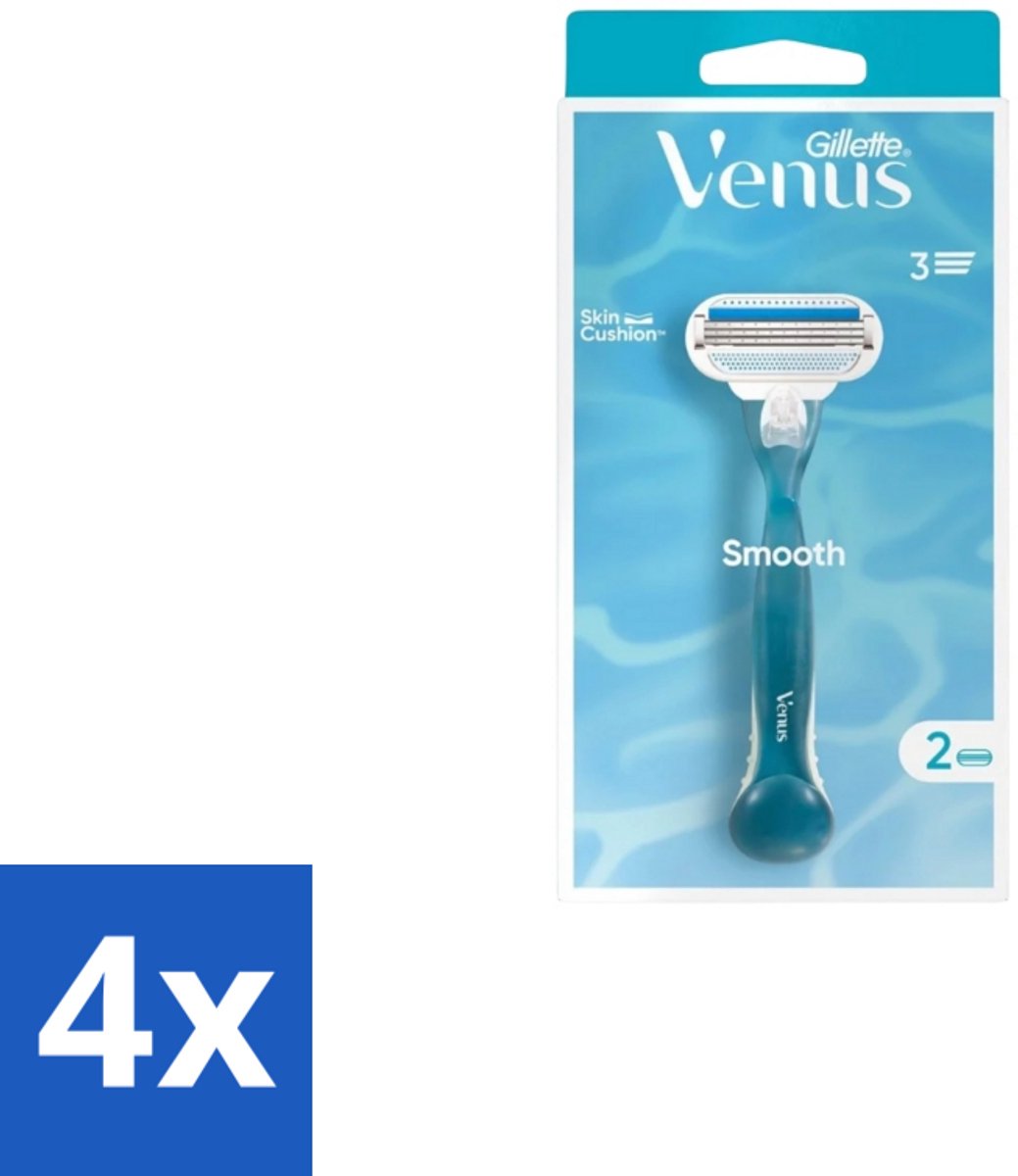 4 x Gillette - Venus Smooth – Rondingvolgende Mesjes – Handvat + 2 Navulmesjes - Scheermesje Vrouw - Huidbescherming - Scheren Voor Vrouwen - Venus SkinCushion - Duurzaam Scheren