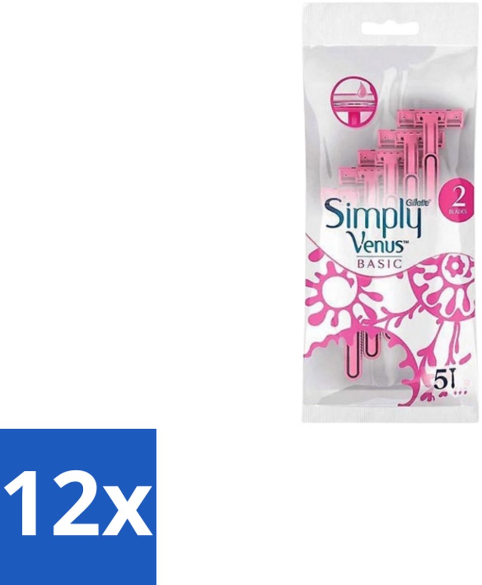 12 x Gillette Simply Venus – Wegwerpscheermesjes – Basic – 5 mesjes - Scheermesje Vrouw - Scheermesje Voor Vrouwen - Scheermesje Voor Benen - Scheermesje Voor Oksels - Scheermesje Dagelijks Gebruik