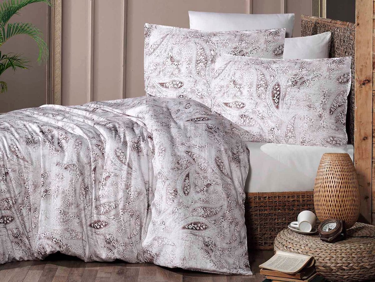 Luna Katoen Satijn Beddengoed 160x200cm - Oranje/Beige Ornamenten