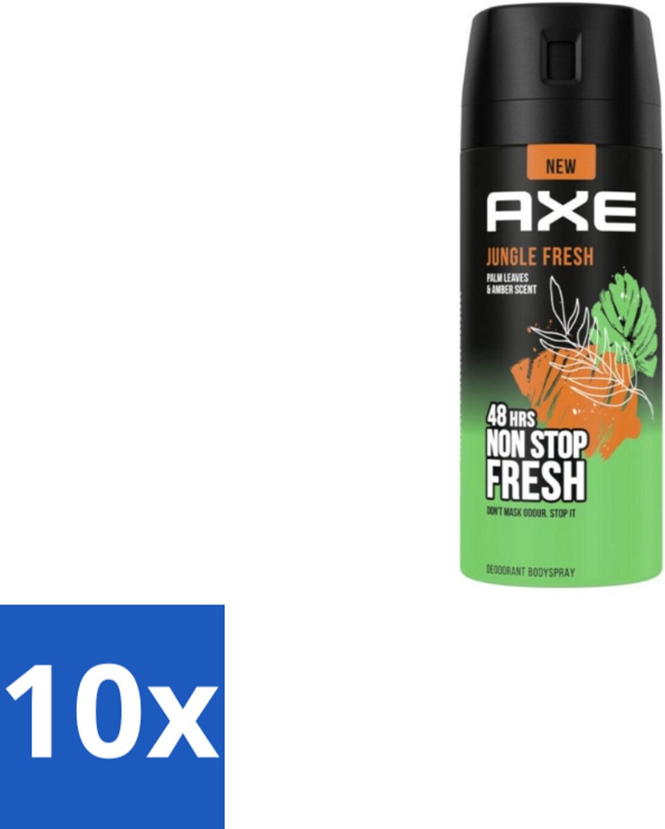 10 x Axe – Deodorant Bodyspray – Jungle Fresh – 150 ml - Axe Jungle Fresh - Deodorant Bodyspray - Frisse Geur - 48 Uur Bescherming - Zinktechnologie