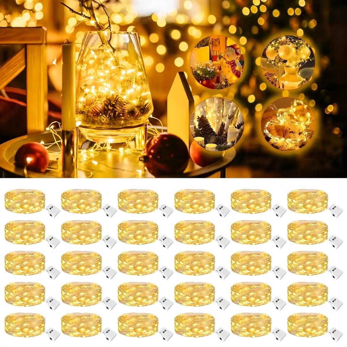 Set van 30 Waterdichte LED Sfeerverlichting met Batterij, 3 Lichtstanden, 2 m, 20 LEDs voor Kerst, Tuin, Bruiloft en Feestjes
