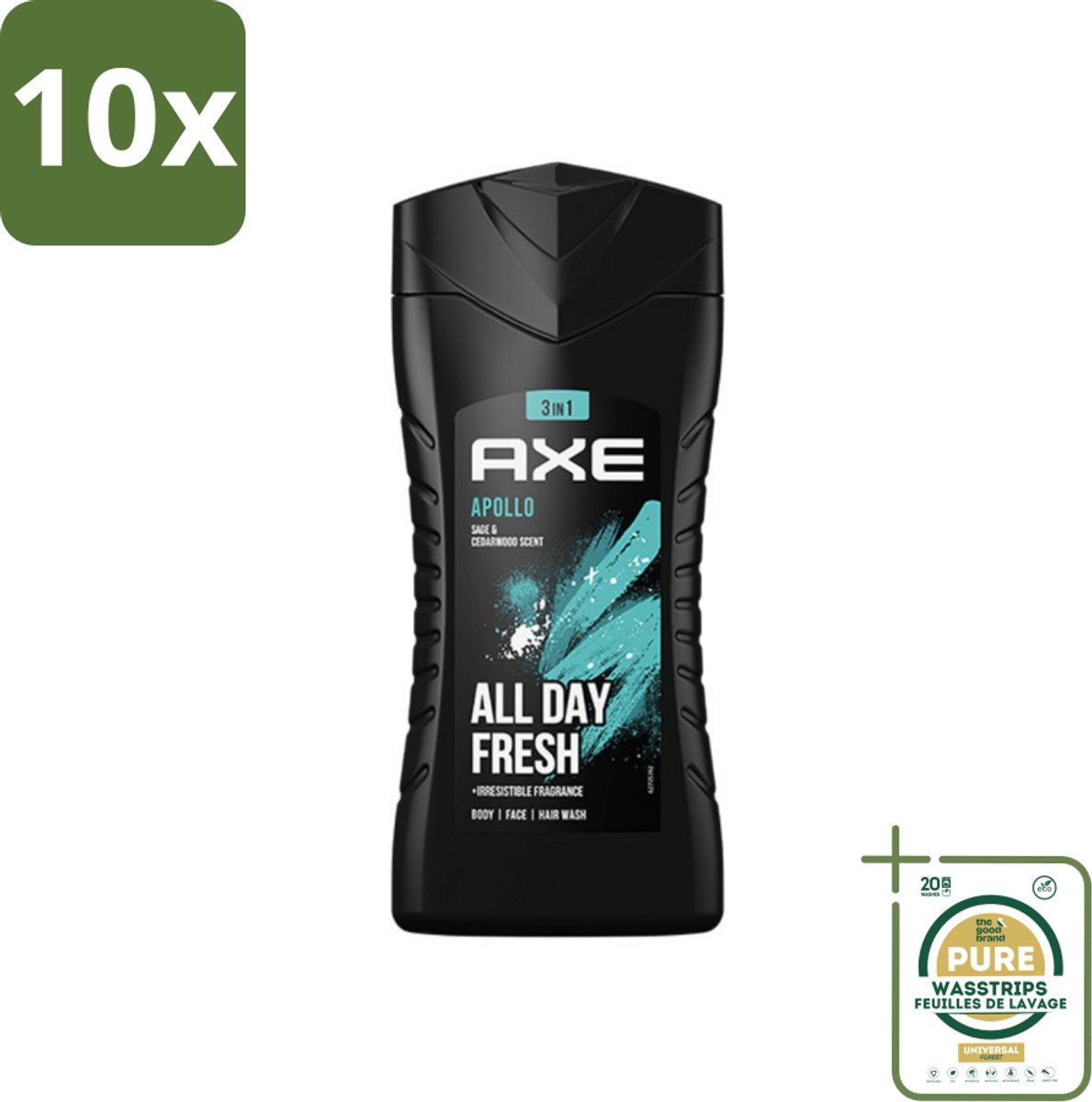 10 x Axe - 3-in-1 Douchegel - Apollo - Sage & Cedarwood - 250 ml - Grootverpakking - Douchegel - Mannelijke Geur - 3-in-1 - Lichaam En Gezicht - Gezicht En Haar