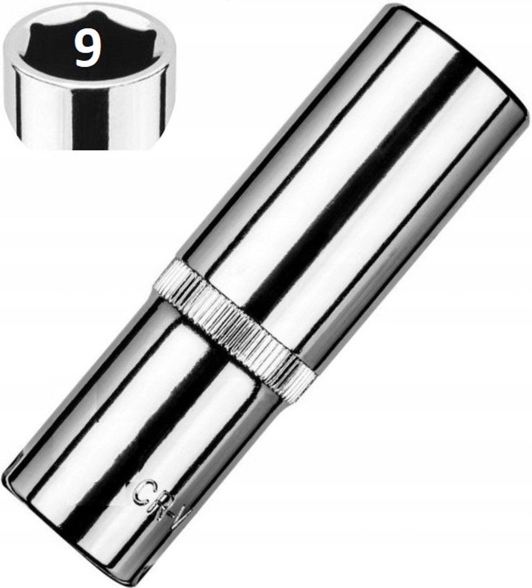Lange 3/8" dopsleutel, 6-kant, 9mm, chroom-vanadium staal