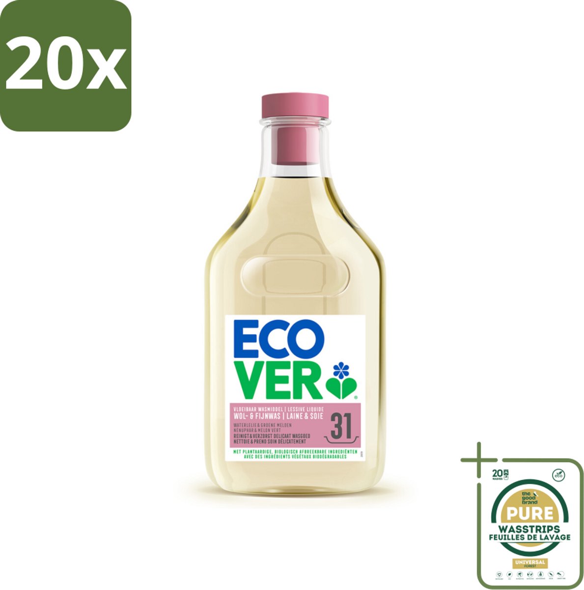 20 x Ecover Vloeibaar Wasmiddel Wol & Fijn Was - Waterlelie & Groene Meloen 31 Wasbeurten 1,43 liter - Grootverpakking - Wasmiddel Wol En Fijn Was - Vloeibaar Wasmiddel - Fijne Stoffen Was - Delicate Stoffen Was - Milieuvriendelijk Wasmiddel