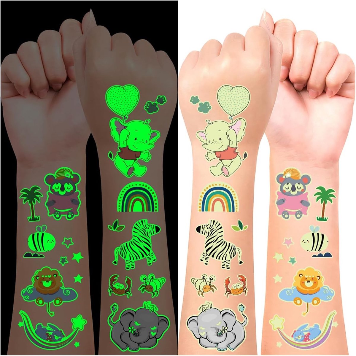 90 Delen Dierenspeelgoed voor Kinderen, Luminous Kindertattoos, Stickers en Verjaardagsdecoratie voor Feestjes