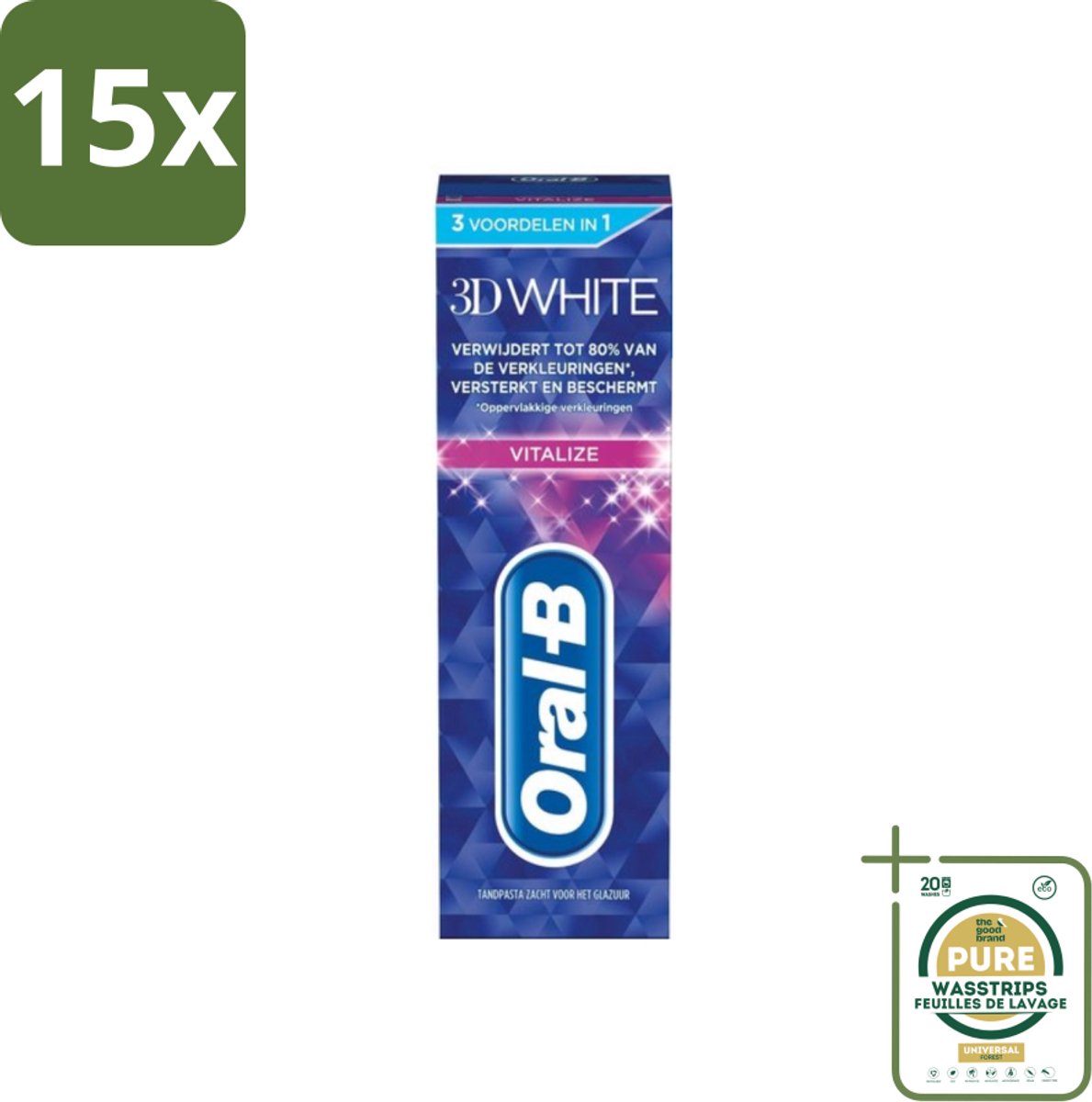 15 x Oral-B - 3D White Vitalize - Tandpasta - Whitening - 75 ml - Grootverpakking - Tandpasta Whitening - Tanden Versterken - Glazuur Beschermen - Tanden Verkleuren - Stralende Lach