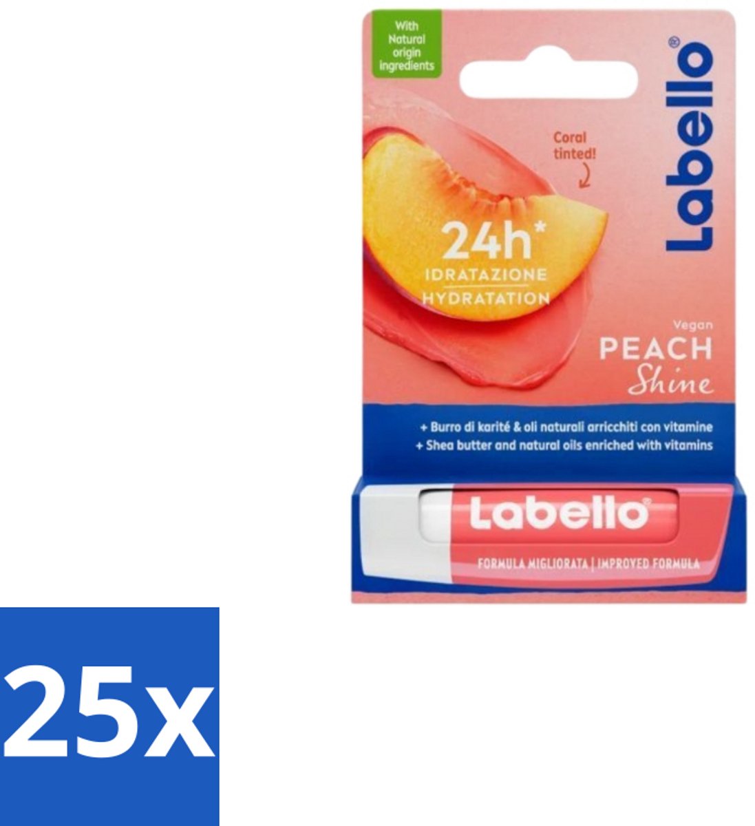 25 x Labello Lippenbalsem Blister Peach Shine 4,8 gr - Vegan Lippenbalsem - Lippenbalsem - Lippenhydratatie - Natuurlijke Lippenbalsem - Fruitige Lippenbalsem