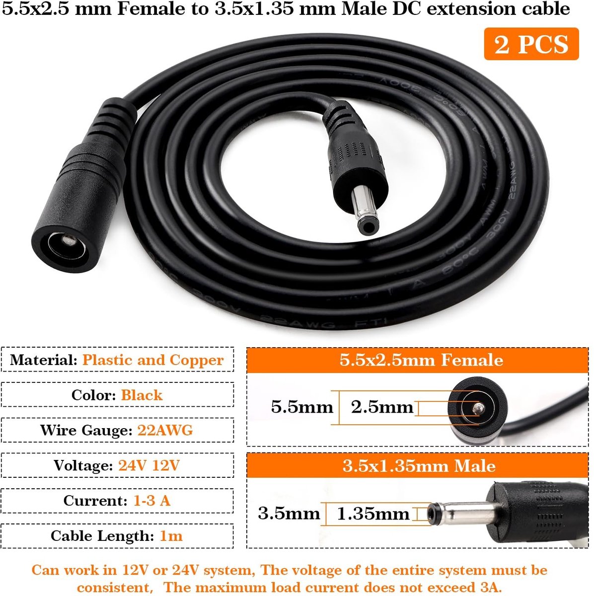 2 Stuks 1m 22AWG DC Voedingsverlengkabel, 5.5x2.5mm naar 3.5x1.35mm, Ideaal voor Beveiligingscamera's en LED Verlichting