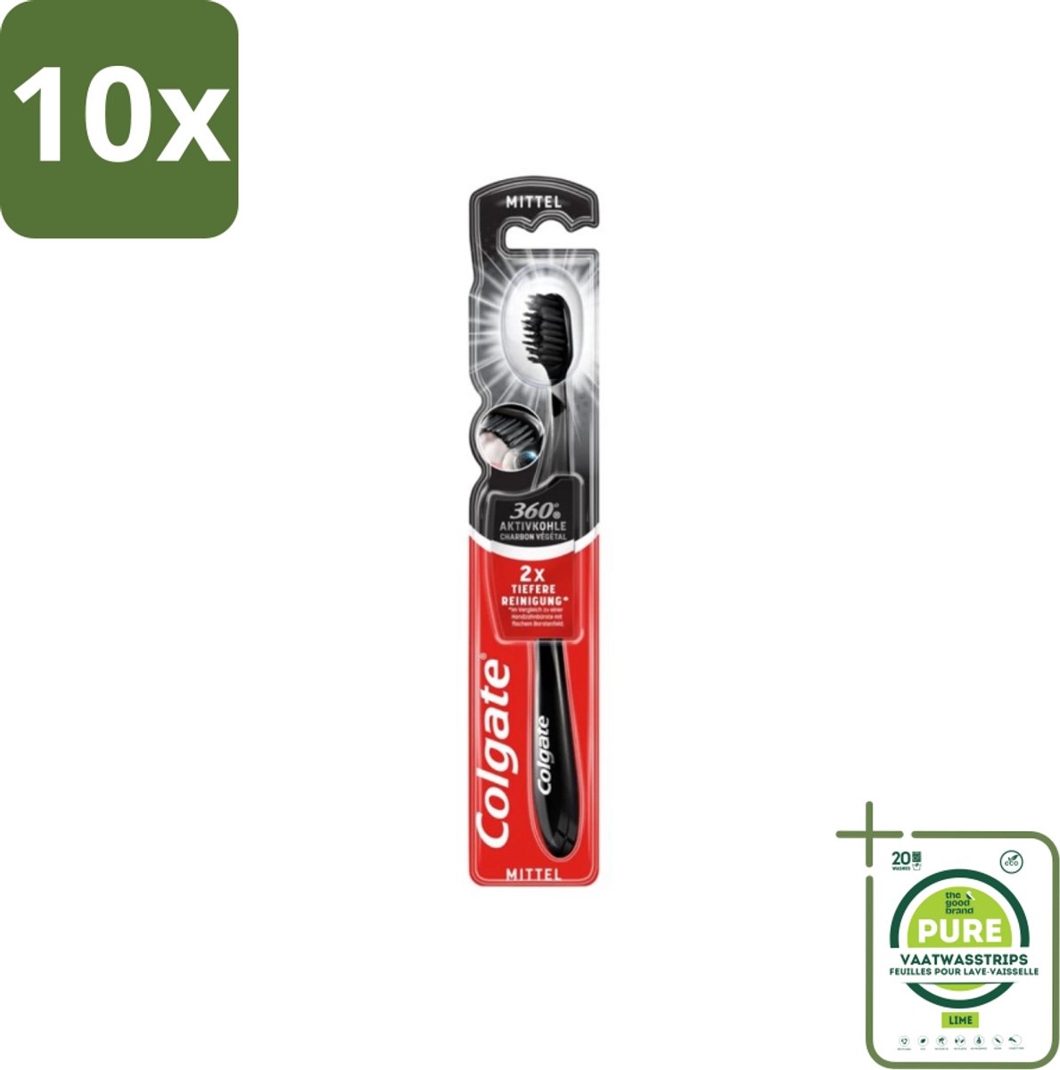 10 x Colgate - Tandenborstel - Charcoal Black 360 Medium - Zwart - 1 Tandenborstel - Grootverpakking - Tandenborstel - Houtskool - Tandenborstel Houtskool - Mondverzorging - Tandenborstel 360
