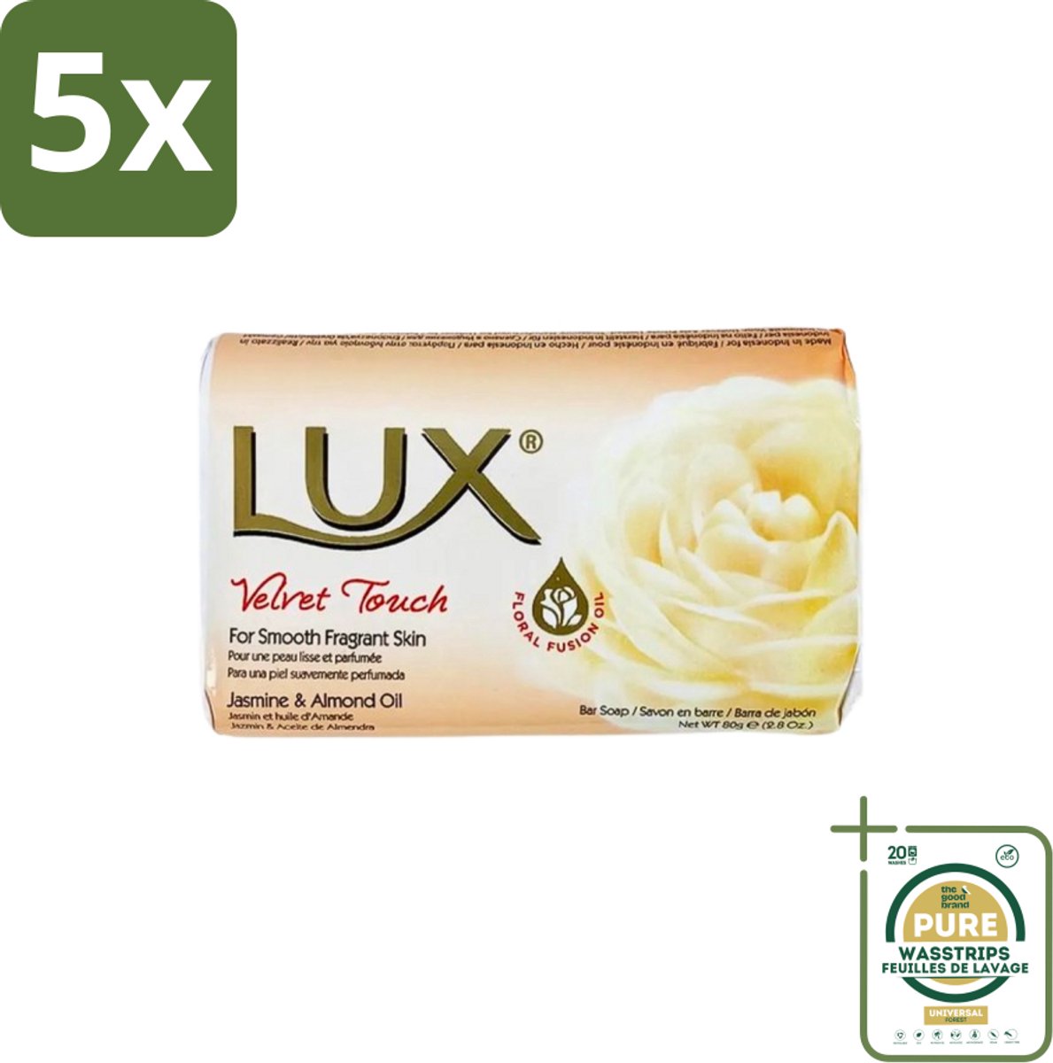 5 x Lux - Zeep - Velvet Touch - Hydraterend - Voor Geurige Huid - 80 g - Grootverpakking - Zeep - Hydraterende Zeep - Zijdezachte Zeep - Geurende Zeep - Huidverzorging