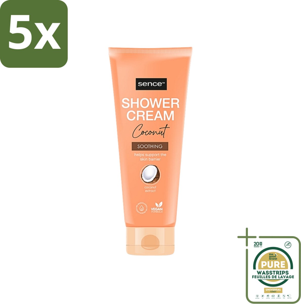 5 x Sence - Coconut - Douchecrème - Verzorgend - 200 ml - Grootverpakking - Douchecrème - Kokosgeur - Hydraterende Douchecrème - Verzorgende Douche - Tropisch Verwenmoment