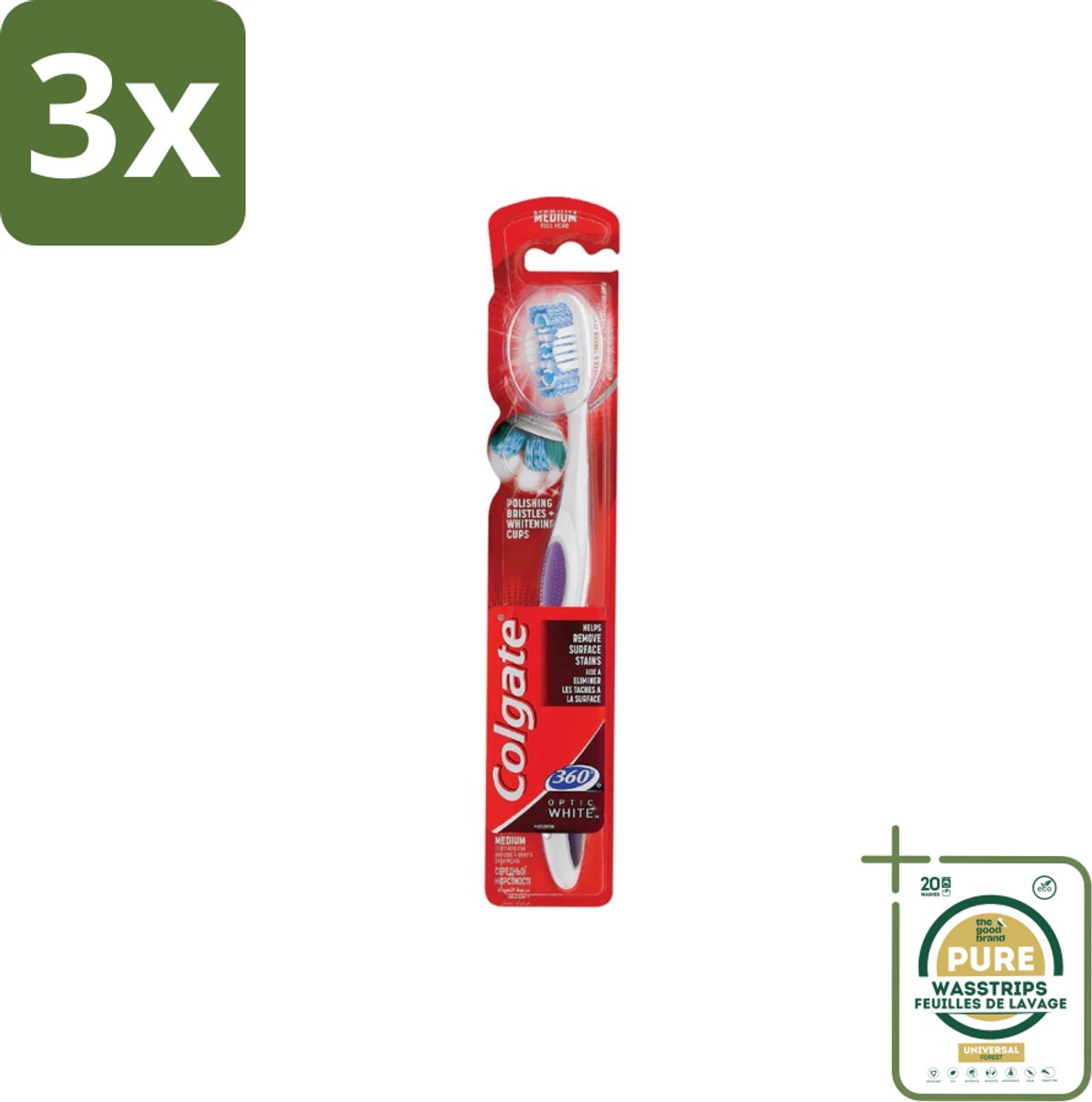 3 x Colgate - Tandenborstel - 360 Optic White Medium- Wit - 1 Tandenborstel - Grootverpakking - Tandenborstel - Tanden Reinigen - Mondverzorging - Wittere Tanden - 360° Reiniging