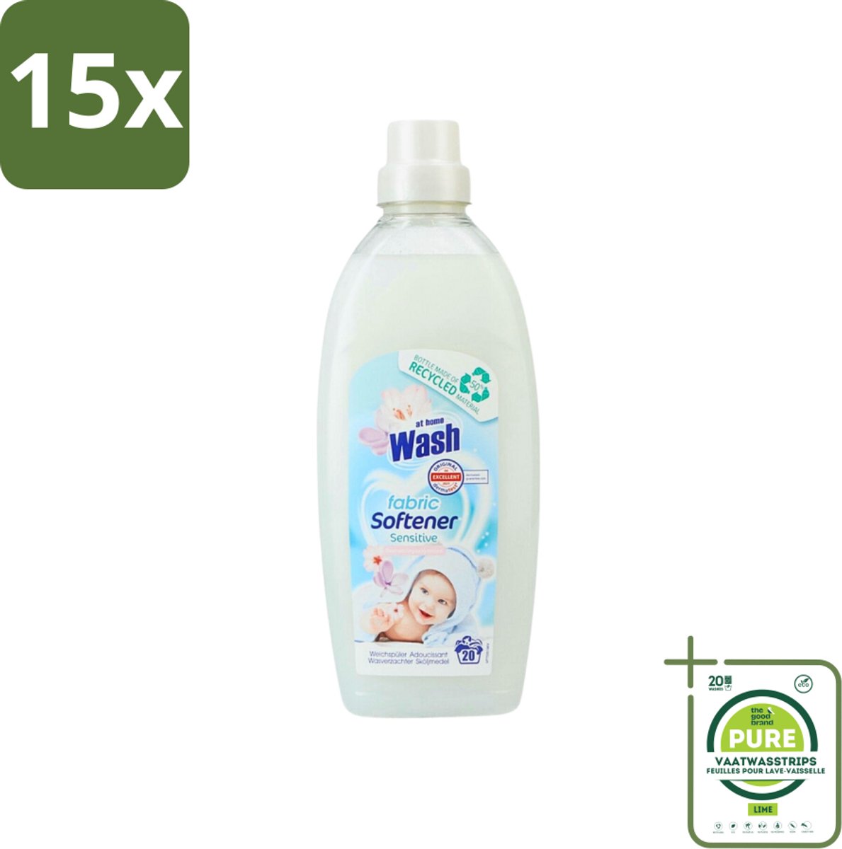15 x At Home - Wash - Wasverzachter - Sensitive - 20 Wasbeurten - Grootverpakking - Wasverzachter - Wasverzachter Sensitive - Wasverzachter Voor Alle Stoffen - Wasverzachter Voor Katoen - Wasverzachter Voor Synthetische Stoffen