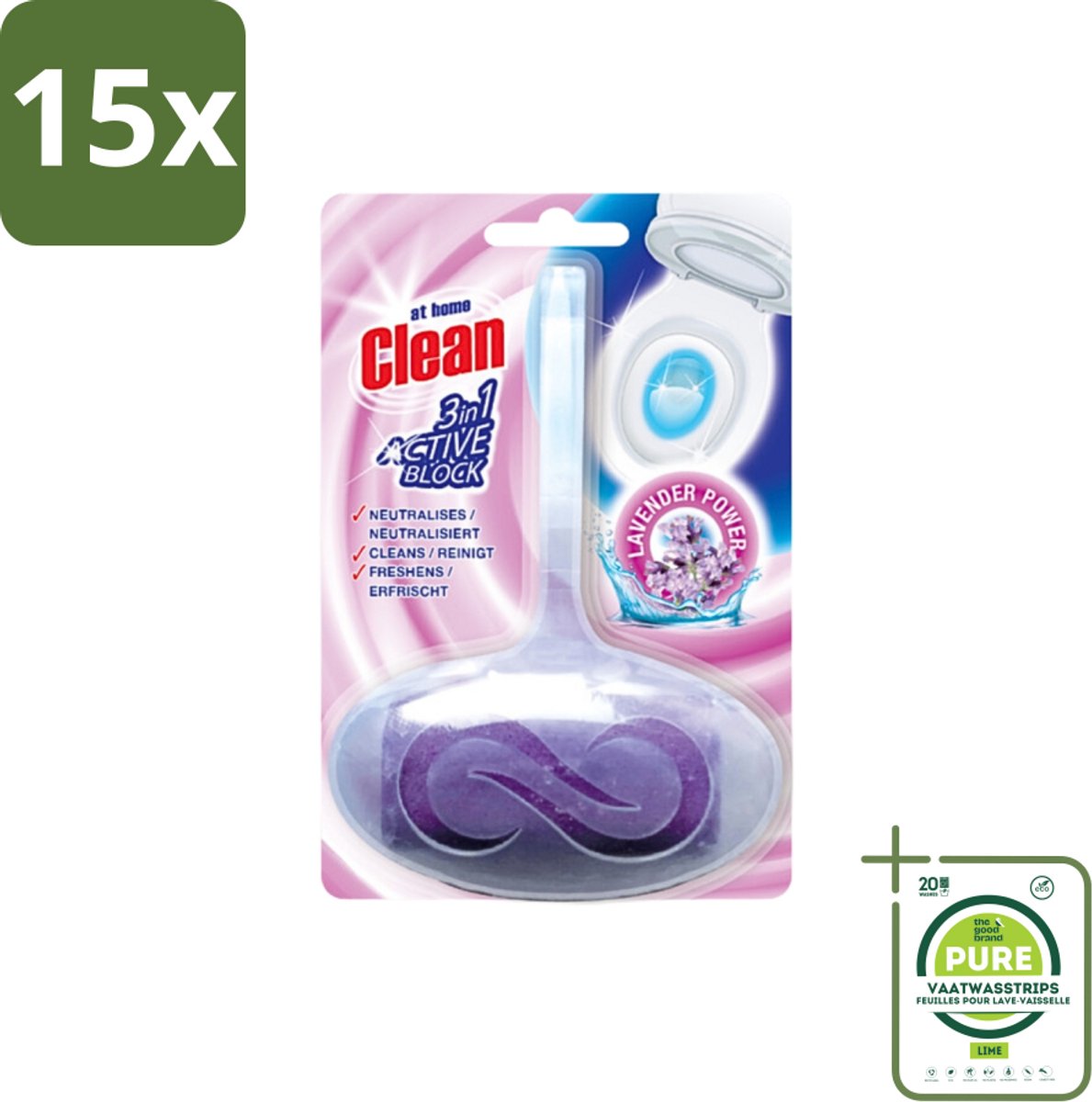 15 x At Home - Clean - Toiletblok - 3in1 Active - Lavender Power - Neutraliseert & Reinigt - 1 Blok - Grootverpakking - Toiletblok - Toilet Reinigen - Toilet Frisheid - Toilet Geuren Neutraliseren - Toilet Hygiëne