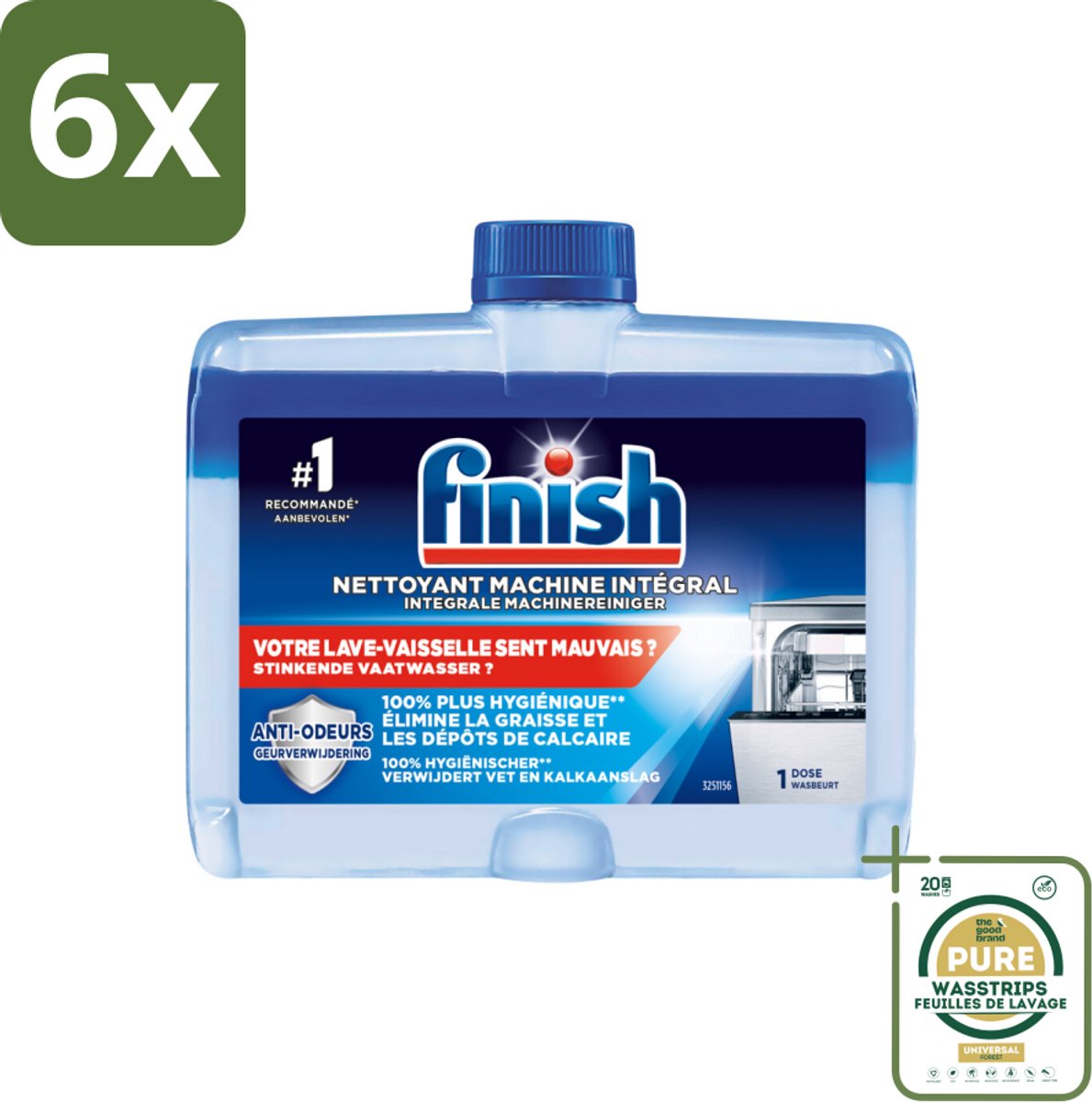 Finish Integrale Machinereiniger Regular 250 ml - Voordeelverpakking - 6 stuks - Kalk verwijderen - Geur verwijderen