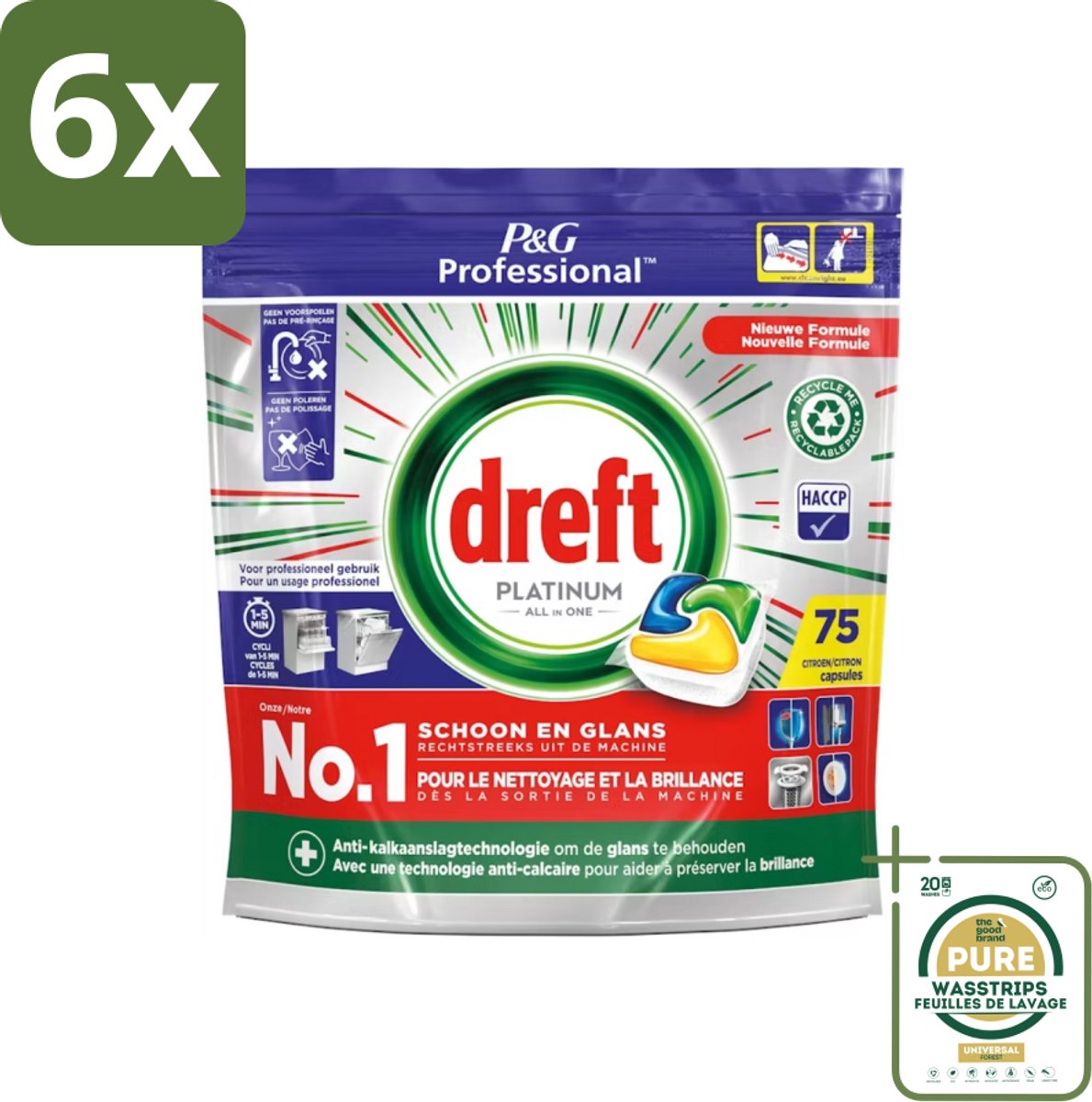 Dreft Professional - Platinum All In One - Vaatwascapsules - Citroen - Antikalkaanslag - 75 Capsules - Voordeelverpakking - 6 stuks - Vaatwasmiddel - Kalkaanslag