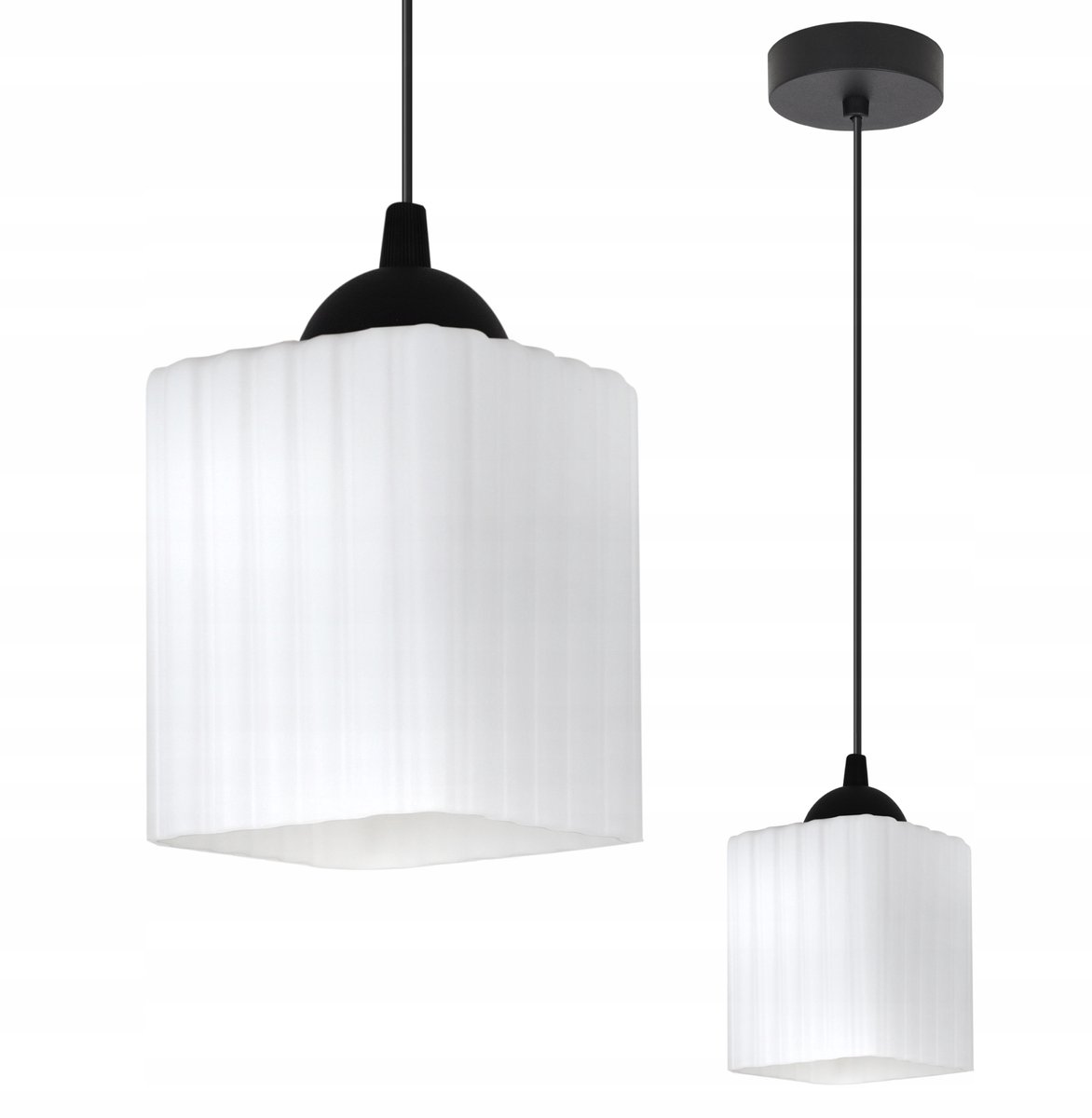 Merkloze zwarte hanglamp met geribbelde witte glazen kap, stijlvol en modern