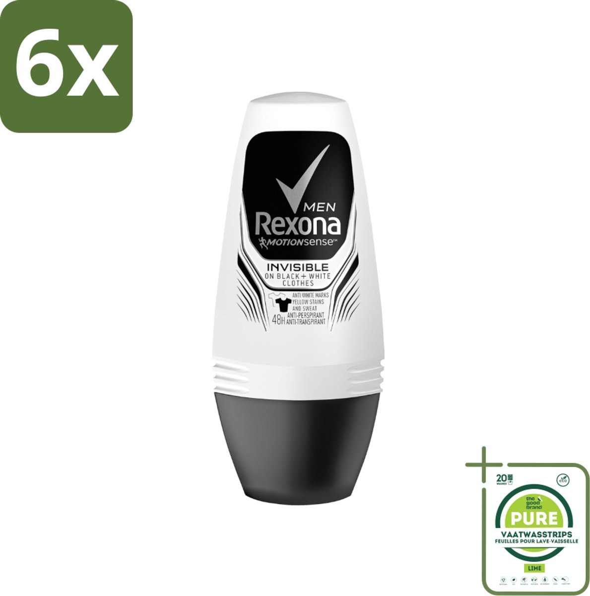 Rexona Men - Invisible On Black & White - Deo Roller - 50 ml - Voordeelverpakking - 6 stuks - Deodorant voor mannen - Zweetbescherming