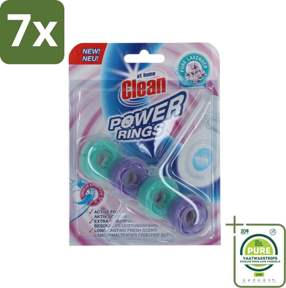 7 x At Home - Clean - Toiletblok - Power Rings - Pure Lavender - Extra Sterk - 1 Blok - Grootverpakking - Toiletblok - Lavendelgeur - Toilet Reinigen - Toilet Fris - Toilet Geuren Neutraliseren