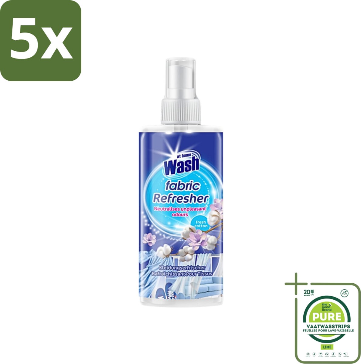 5 x At Home - Wash - Textielverfrisser - Fresh Cotton - Neutraliseert Onaangename Geuren - 300 ml - Grootverpakking - Textielverfrisser - Katoengeur - Geur Neutraliseren - Kleding Verfrissen - Stoffen Verfrissen