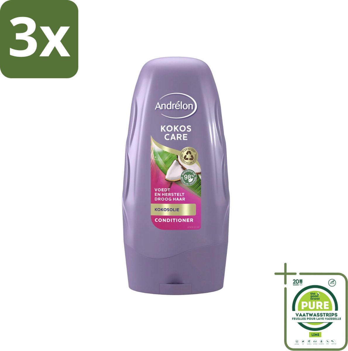 3 x Andrélon - Kokos Care - Conditioner - Diepe Hydratatie - 250 ml - Grootverpakking - Droog Haar - Herstel Haar - Kokosolie - Kokosmelk - Hydratatie