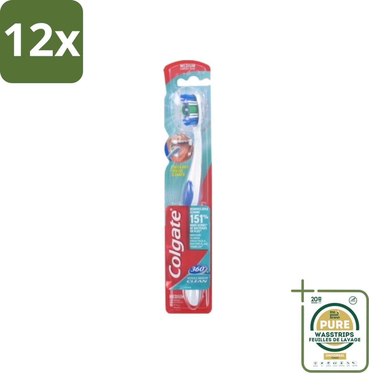 Colgate - Tandenborstel - 360 Whole Mouth Clean Medium - Wit/Blauw - 1 Tandenborstel - Voordeelverpakking - 12 stuks - Tandenpoetsen - Bacteriën