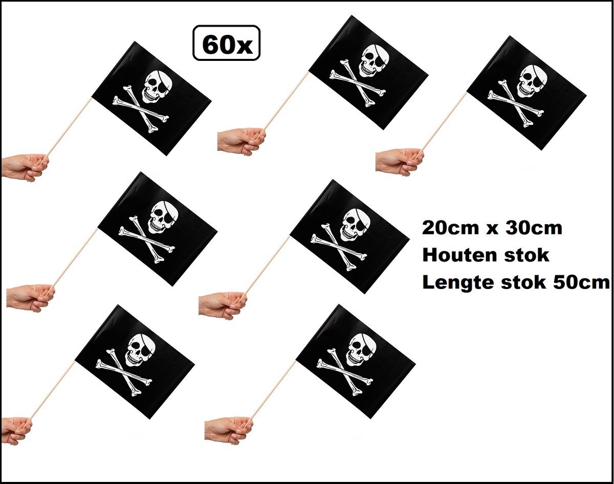 60 stuks Luxe Zwaaivlaggetjes op stok Piraat 20cm x 30cm - lengte stok 50cm - Zwaai vlaggetjes Piraten thema feest festival uitdeel