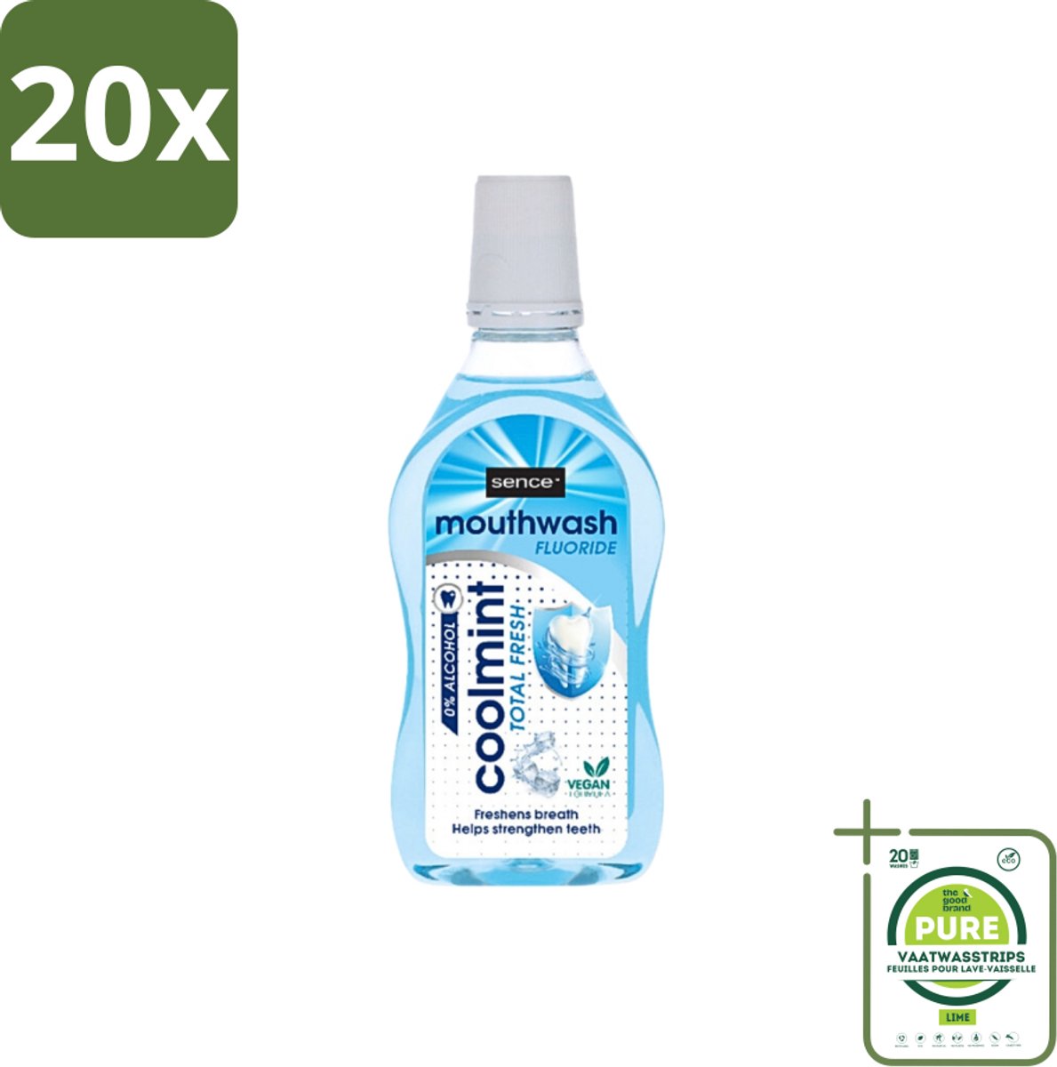 20 x Sence - Fresh Coolmint - Mondwater - Verfrissend - 500 ml - Grootverpakking - Mondwater - Frisse Adem - Koele Mint - Fluoride - Gaatjes Voorkomen