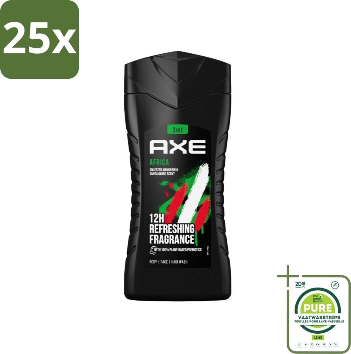 25 x Axe - 3-in-1 Douchegel - Africa - Squeezed Mandarin & Sandalwood - 100% Plantaardig - 250 ml - Grootverpakking - Axe Africa Douchegel - Douchegel - Prebiotica - Huidverzorging - Geur