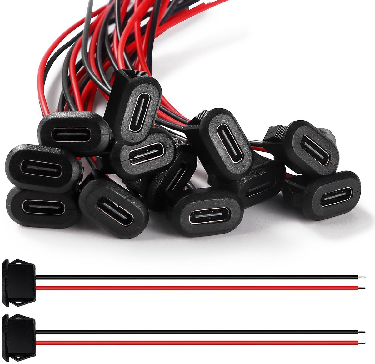 KUOQI 12 stuks 3A USB-C-aansluiting, klikgroefgesp, 2-draads inbouw Type C-bus, 100 mm 24 AWG, zwart - ShopVlot
