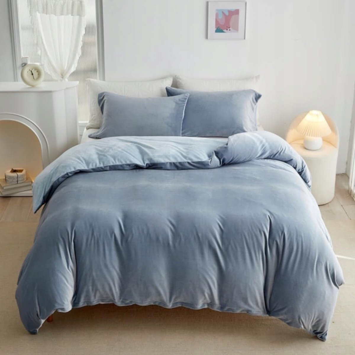 Flanellen Dekbedovertrek Set Grijs Blauw 135x200 cm met Kussensloop 80x80 cm