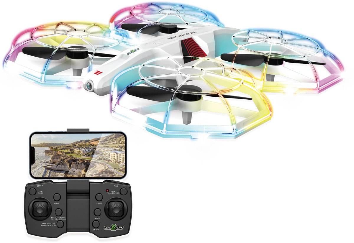 Gear2Play Wifi Cam Drone – Drone met Camera & LED Verlichting – 360° Flips – 3 Snelheden – 2.4 GHz