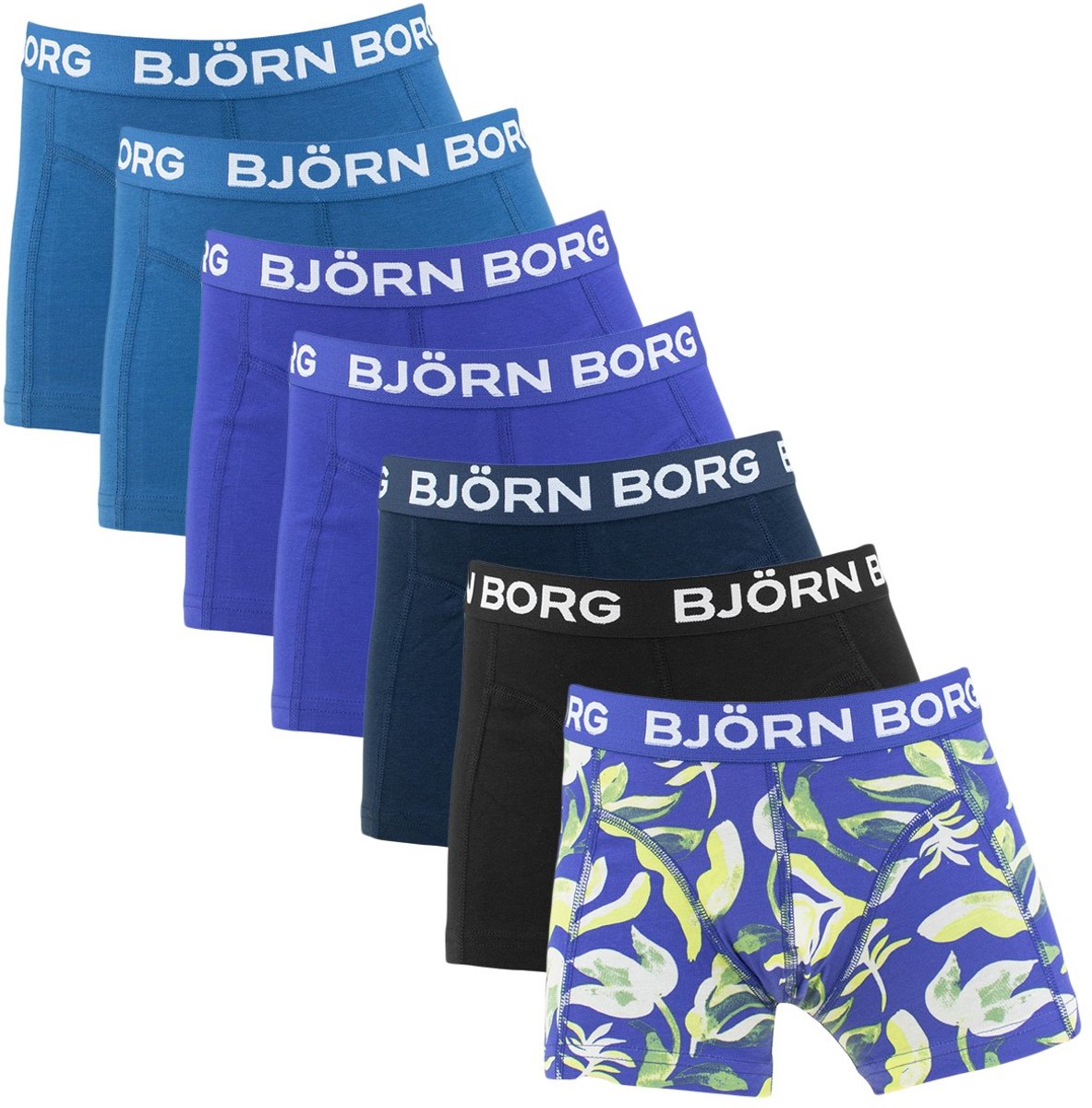 Björn Borg jongens cotton stretch 7P boxers basic leafs blauw & zwart