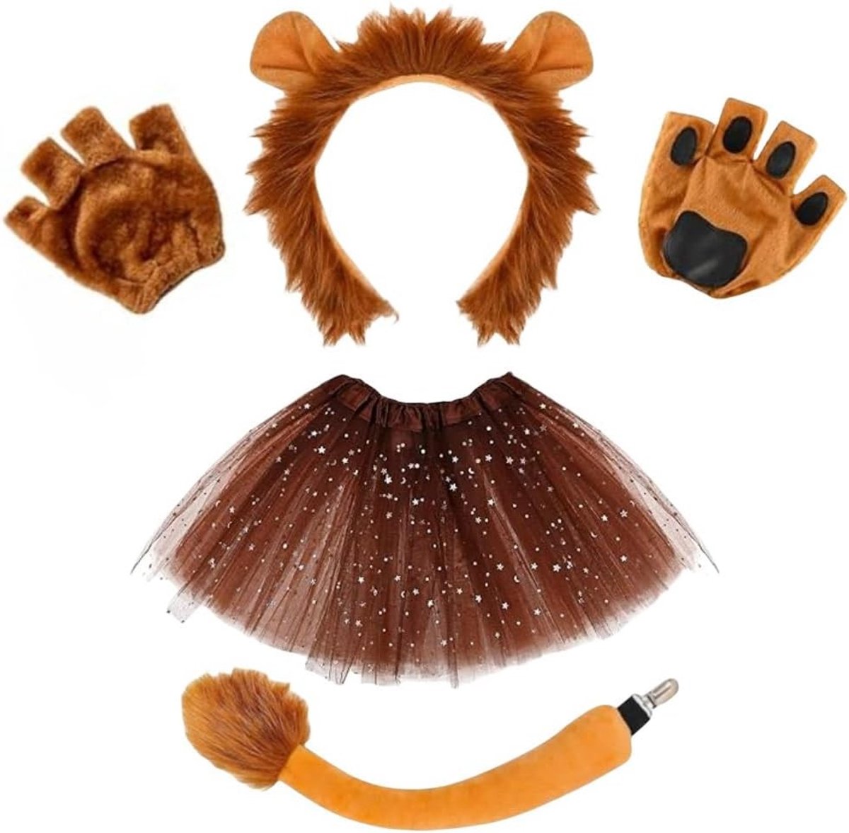 Leeuwenkostuum Set - 4-delige Set met Oren, Handschoenen, Staart en Tutu Rok, Ideaal voor Kinderen en Volwassenen, Cosplay, Halloween, Verjaardagen en Carnaval