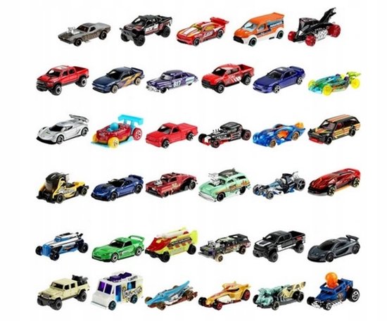 Een verzameling van 35 verschillende Hot Wheels speelgoedauto's, met diverse kleuren en modellen.
