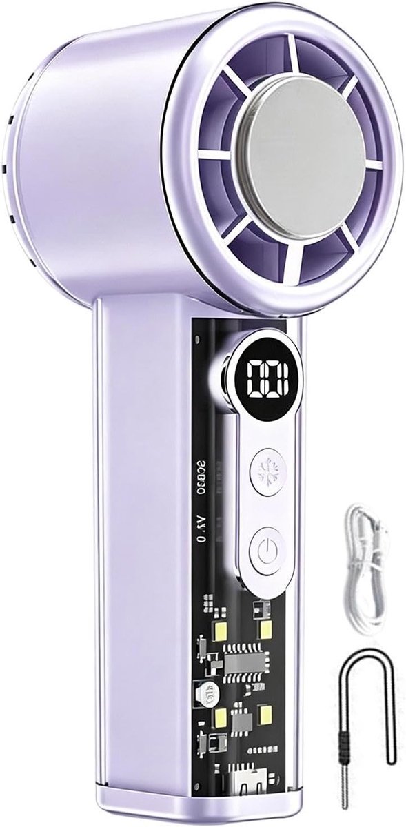 Handventilator met ijskoeling - Draagbare turboventilator met ijskoeler - 100 Snelheden Turbo Fan met LED Display - Stil & Krachtig - Voor buiten en op reis - Draagkoord inbegrepen - Paars - Draagbare Stille Ventilator voor Reizen en Kantoor